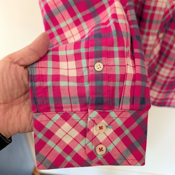 Talbots 100% Cotton Button Up Soft Plaid Shirt Women's L Hot Pink Navy White - Picture 5 of 6